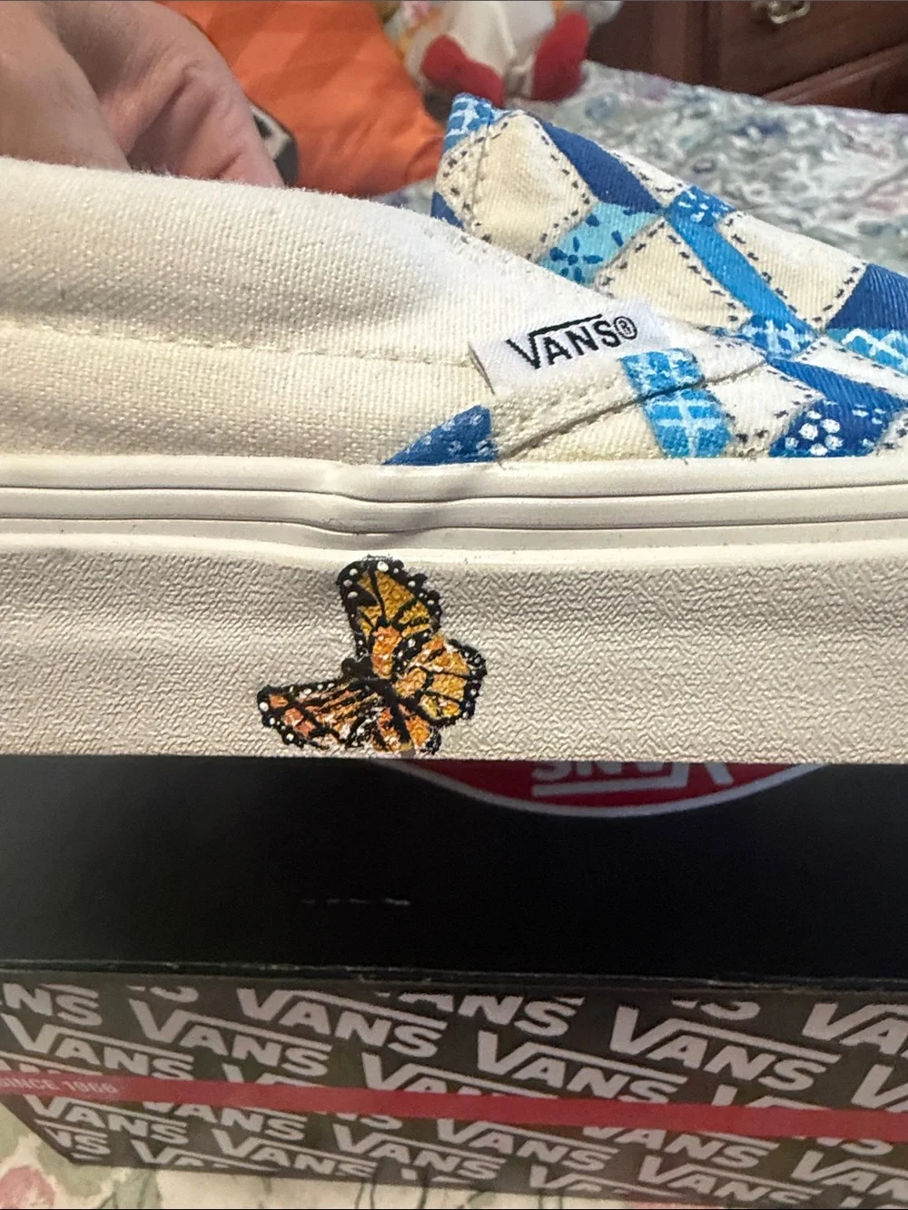 Vans “Off the Wall” Slip-On Quilted Checkerboard Blue & White Canvas Sneakers